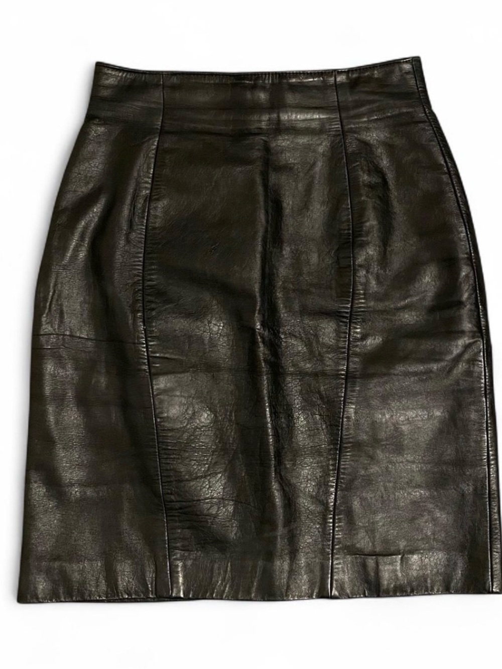 High-Shine Black Leather Pencil Skirt